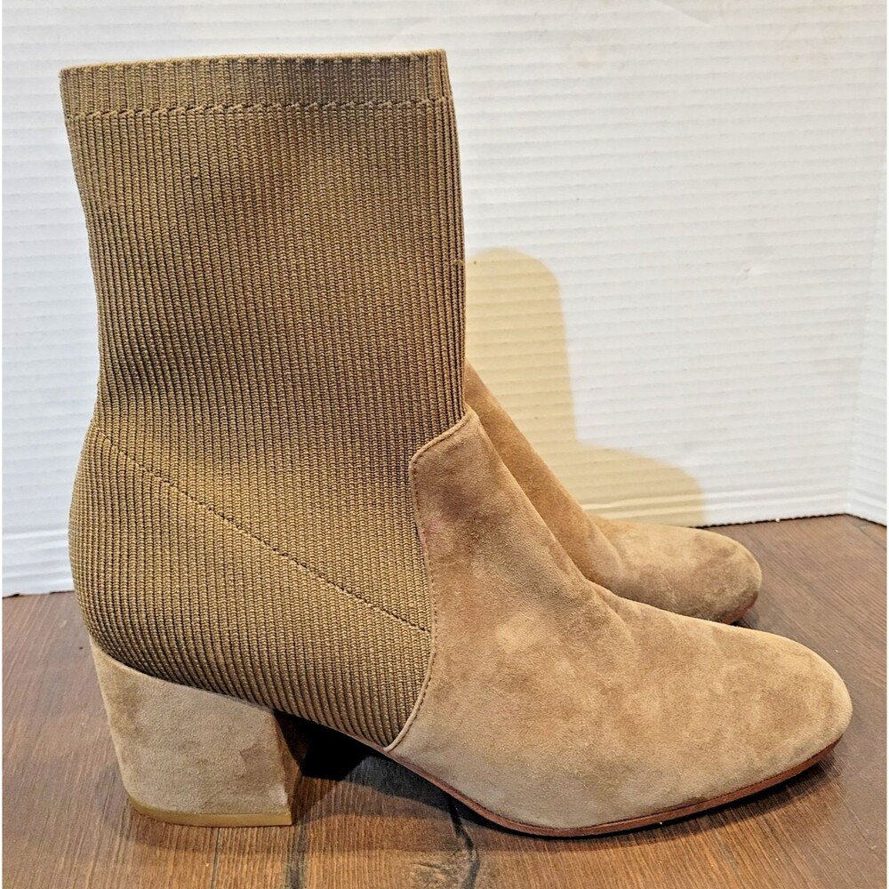 Eileen Fisher Knolls Stretch Suede Sock Knit Ankle Booties Boots Tan Women 9.5